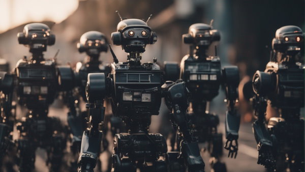 چندین ربات ایستاده مانند سرباز (تصویر تزئینی مطلب AI چیست)