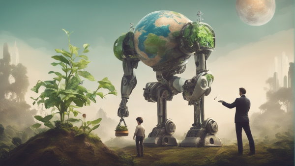 رباتی با بدنه شبیه کره زمین در کنار دو انسان و یک گیاه (تصویر تزئینی مطلب هوش مصنوعی چیست)