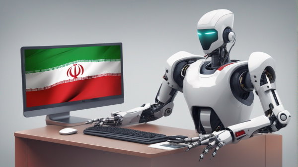 تصویر سه بعدی یک ربات نشسته پشت میز در کنار مانیتوری که پرچم ایران را نمایش می دهد