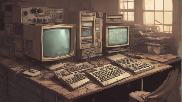 تصویر گرافیکی اتاقی با تجهیزات کامپیوتری قدیمی
