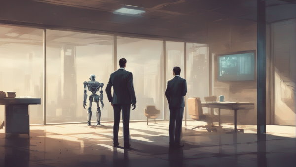 تصویر گرافیکی دو مرد و یک ربات در یک اتاق اداری بزرگ