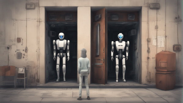 تصویر گرافیکی مردی ایستاده در مقابل دو در که دو ربات در آن‌ها حضور دارند (تصویر تزئینی مطلب هوش مصنوعی چیست)