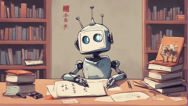 تصویر نقاشی یک ربات کوچک پشت میز در حال یادگیری زبان چینی