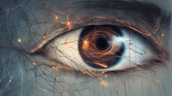 تصویر گرافیکی نزدیک از یک چشم که شبکه های عصبی آن را در بر می گیرند (تصویر تزئینی مطلب هوش مصنوعی چیست)
