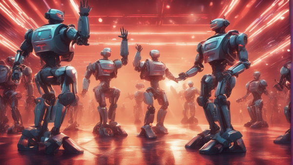 تصویر گرافیکی چند ربات در حال انجام حرکات موزون (تصویر تزئینی مطلب AI چیست)