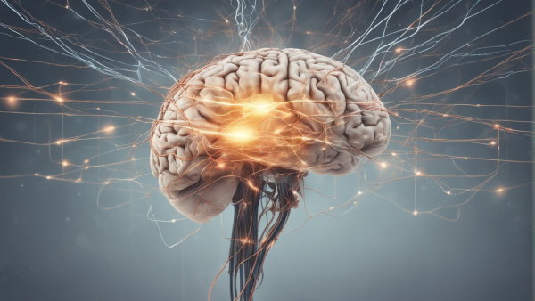 تصویر گرافیکی مغز انسان به همراه رشته های متصل به آن و نورانی شدن بخش های پردازش اطلاعات در آن