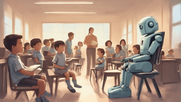 تصویر گرفایکی یک ربات در یک کلاس درس با بچه ها (تصویر تزئینی مطلب هوش مصنوعی چیست)