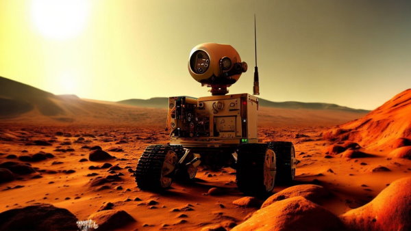 تصویر گرافیکی یک ربات بر روی سطح مریخ