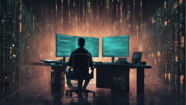 تصویر گرافیکی شخصی در حال کدنویسی در فضایی با تم ماتریکس (تصویر تزئینی مطلب هوش مصنوعی چیست)