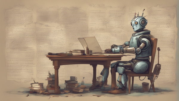 تصویر نقاشی یک ربات بر روی صندلی چوبی در حال نوشتن متن (تصویر تزئینی مطلب هوش مصنوعی چیست)
