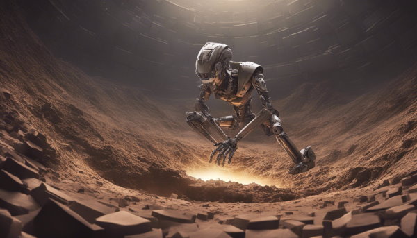 یک ربات در حال نگاه به حفره از زمین که از آن نور بیرون می آید