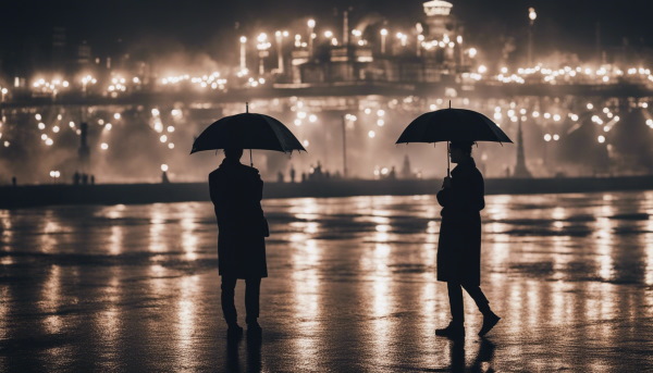 تصویر دو نفر همراه با چتر زیر باران در خیابان