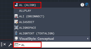 تایپ دستور AL برای اجرای دستور ALIGN در AutoCAD