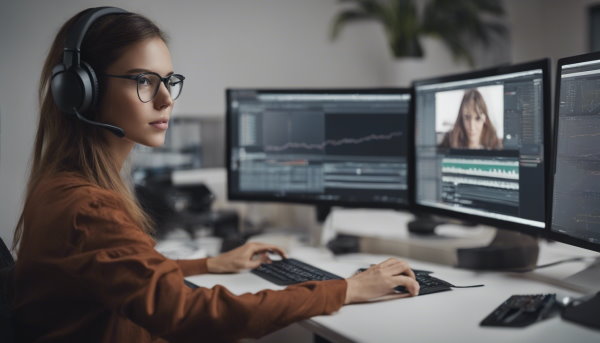 یک خانم پشت سیستم کامپیوتری در حال کار با نرم افزار تدوین فیلم (تصویر تزئینی مطلب بهترین برنامه ادیت فیلم در کامپیوتر)