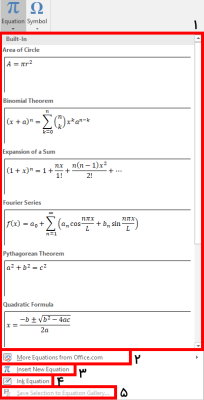 گزینه های ابزار Equation برای فرمول نویسی در ورد