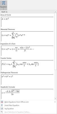 گزینه های ابزار Equation در ورد