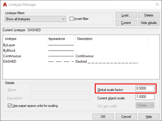 تنظیم مقیاس سراسری با دستور linetype در اتوکد