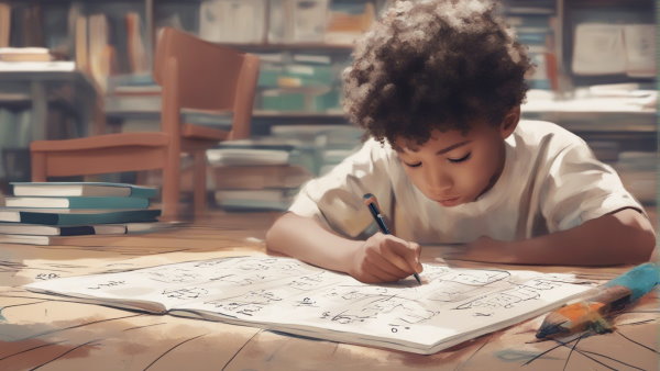 پسر بچه ای دراز کشیده روی زمین در حال نوشتن اعداد در دفتر (تصویر تزئینی مطلب خمس در ریاضی)