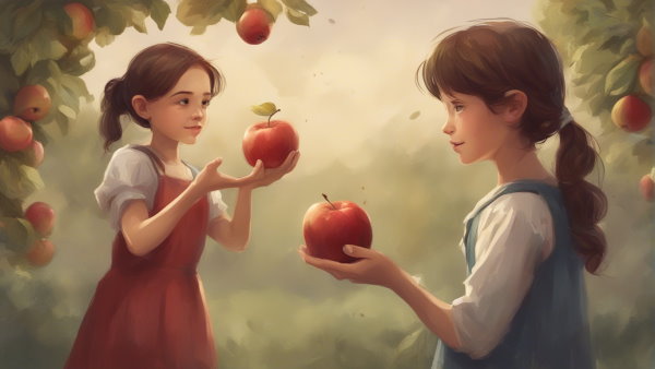 دو کودک دختر با دو سیب در دست