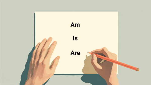 دو دست در حال نوشتن am is are روی کاغذ