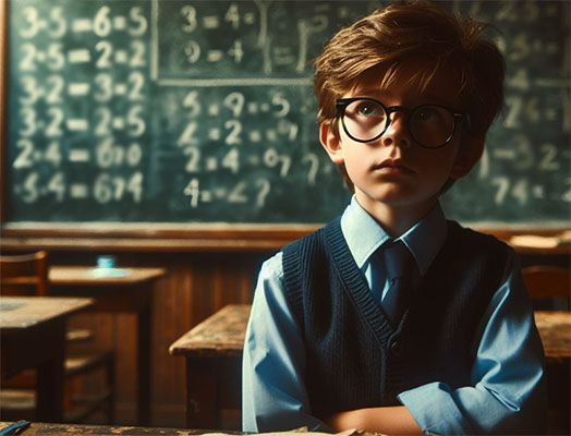 پسری متفکر در کلاس ریاضی نشسته است