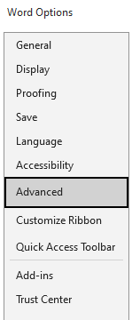 منوی word options و انتخاب گزینه advanced
