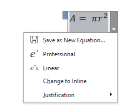 انتخاب منوی پایین افتادنی در کنار فرمول مساحت دایره
