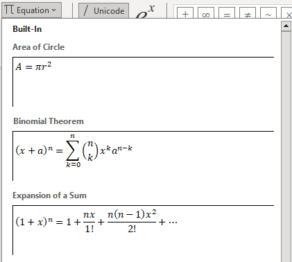 گزینه های ابزار Equation در ورد