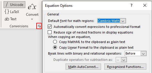 پنجره equation options