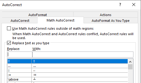 تب math autocorrect در تنظیمات فرمول نویسی در ورد