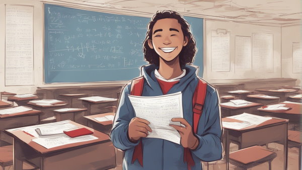 یک دانش آموز خندان در کلاس خالی با یک کاغذ در دست