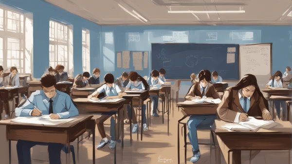 کلاسی پر از دانش آموز در حال امتحان دادن (تصویر تزئینی مطلب فرمول های مشتق)