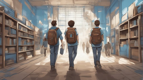 چند نوجوان با کوله پشتی در حال راه رفتن در راهرو یک کتابخانه (تصویر تزئینی مطلب فرمول های مشتق)