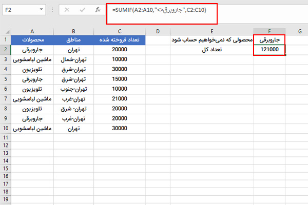 شرط عدم برابری در SUMIF