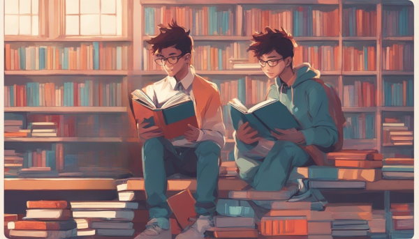 دو دانش آموز نشسته در کتابخانه روی کتاب ها در حال مطالعه (تصویر تزئینی مطلب مشتق ln)