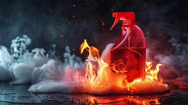 ماده پاک کننده آتش گرفته است - این تصویر تشتعال زایی مواد شوینده و پاک کننده را نشان می دهد