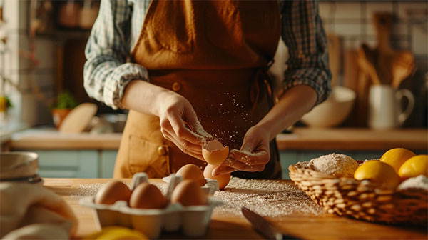 زنی در حال شکستن تخم مرغ برای پختن کیک است 
