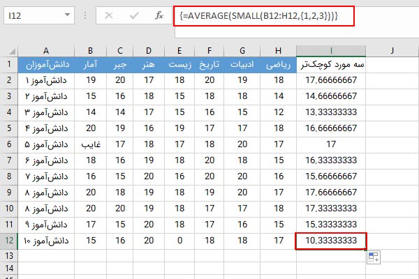 محاسبه میانگین سه عدد کوچک تر در مجموعه