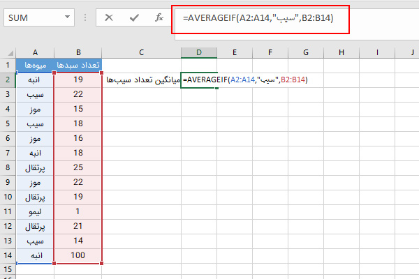 محاسبه میانگین با AVERAGEIF