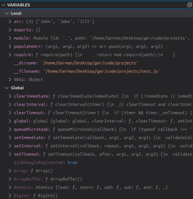 همه متغیرهای برنامه در دیباگر وی اس کد