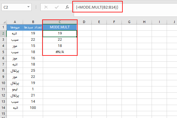 تابع MODE.MULT در اکسل