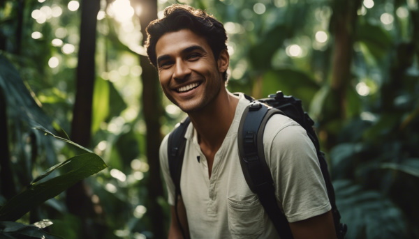 تصویر مردی در حال لبخند زدن در جنگل