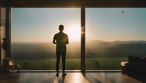 تصویر مردی رو به پنجره در حال تماشای طلوع خورشید