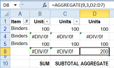 تابع AGGREGATE یکی از انواع روش های جمع در اکسل و نادیده گرفتن خطا ها