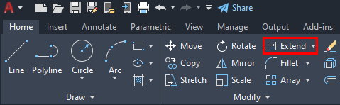 محل قرارگیری دستور EXTENT در نوار ابزار اتوکد