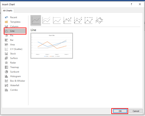 پنجره Insert Chart برای رسم نمودار در ورد 