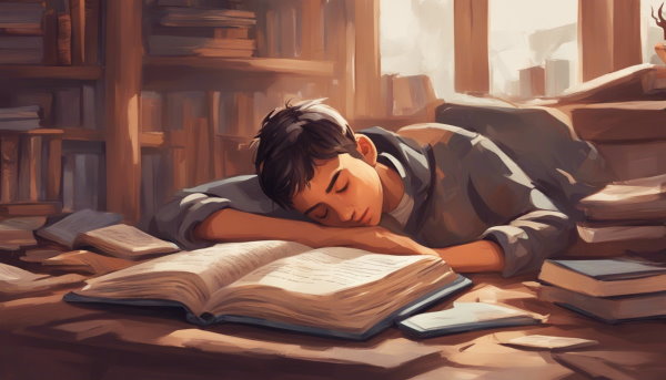 یک پسر خواب روی کتاب باز