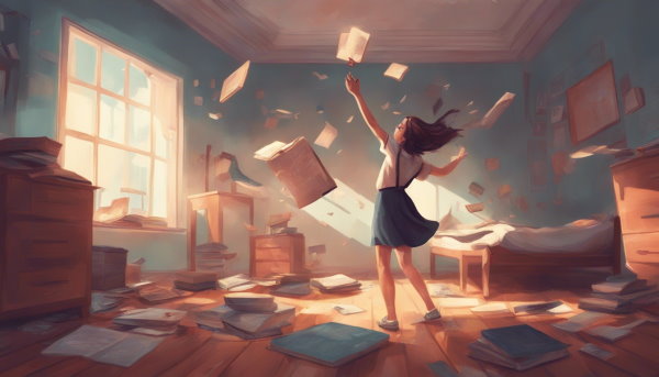 یک دختر در حال پاره کردن کتاب و پرت کردن در هوا