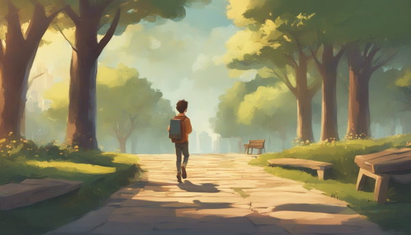 یک پسر در حال قدم زدن در پارک