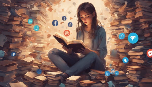 دختر نشسته در میان کتاب ها در حال مطالعه و فکر کردن به شبکه های اجتماعی (تصویر تزئینی مطلب روش مطالعه دروس حفظی)